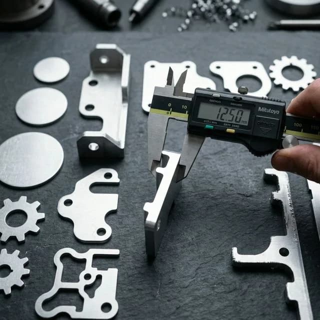 Precision laser-cut aluminum parts in various complex shapes with bright silver nitrogen-cut edges, digital caliper measuring dimensional accuracy, on dark surface