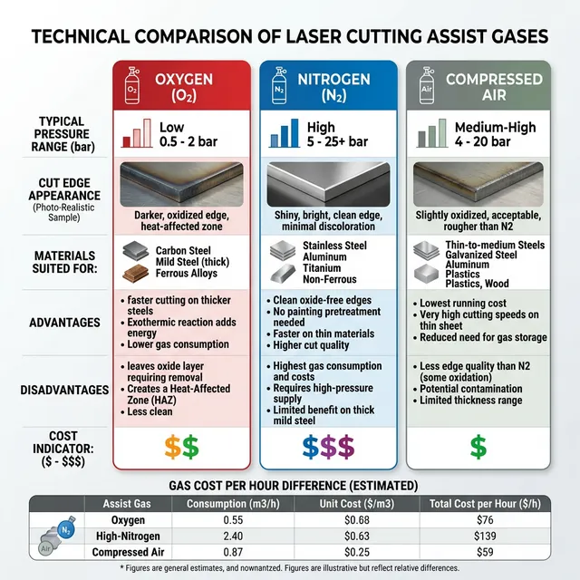 Technical comparison of O2, N2, and compressed air assist gases: pressure ranges, edge quality, material compatibility, cost per hour