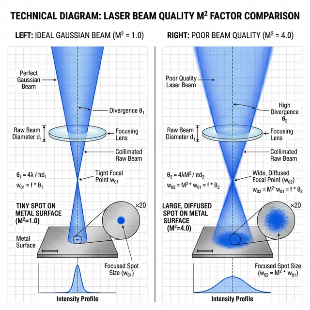 Laser beam quality M² factor comparison: ideal Gaussian beam (M²=1.0) with tight focal point vs poor quality beam (M²=4.0) with wide diffused focal spot
