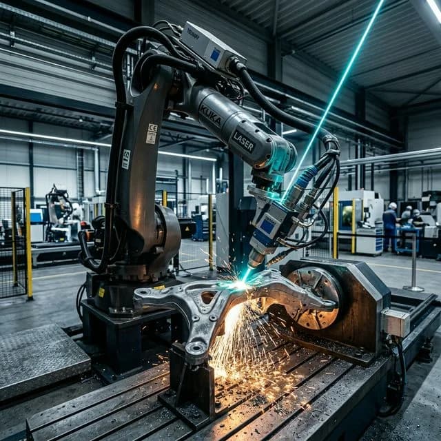 A highly advanced 5-axis industrial robotic laser cutting arm machining a complex 3D automotive part