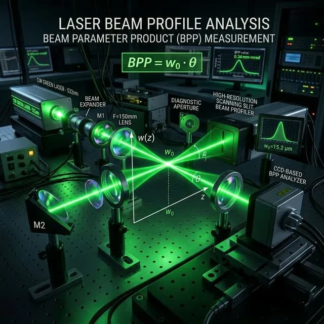 A 3D visualization of a perfectly focused laser beam profile, illustrating the narrow waist used to measure Beam Parameter Product (BPP)