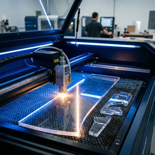 CO2 laser cutting through clear acrylic PMMA sheet producing flame-polished optically clear edges, with finished cut pieces visible on honeycomb bed