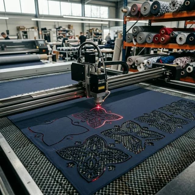 CO2 laser cutting intricate patterns on textile fabric on a honeycomb cutting bed with sealed edges preventing fraying, fashion manufacturing environment