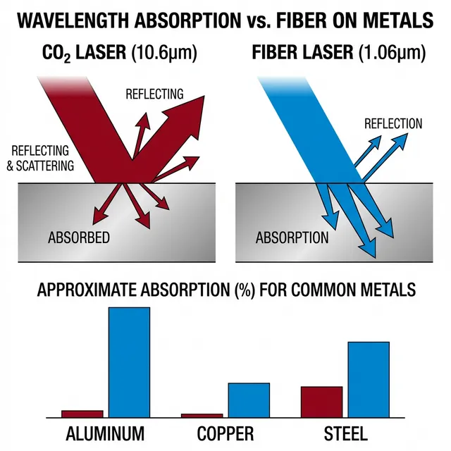 CO2 laser (10.6μm) vs Fiber laser (1.06μm) wavelength absorption comparison on metals: aluminum, copper, and steel absorption percentages