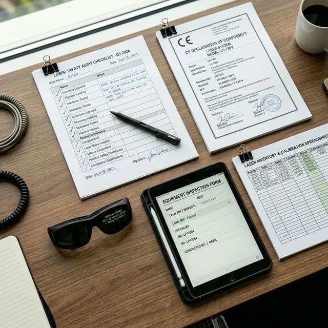 Organized laser safety compliance documentation workspace with safety audit checklist, CE Declaration of Conformity, safety eyewear, equipment inspection form on tablet, and inventory spreadsheet