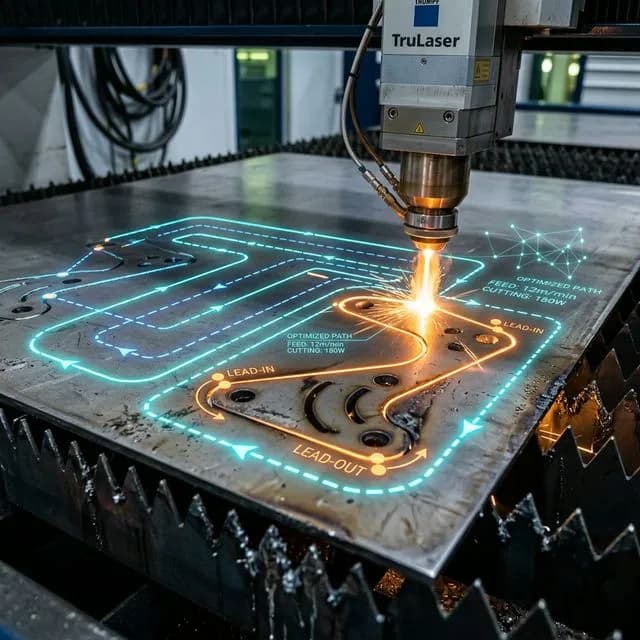 Technical illustration of sheet metal being laser cut with glowing digital lines showing the optimized traverse path