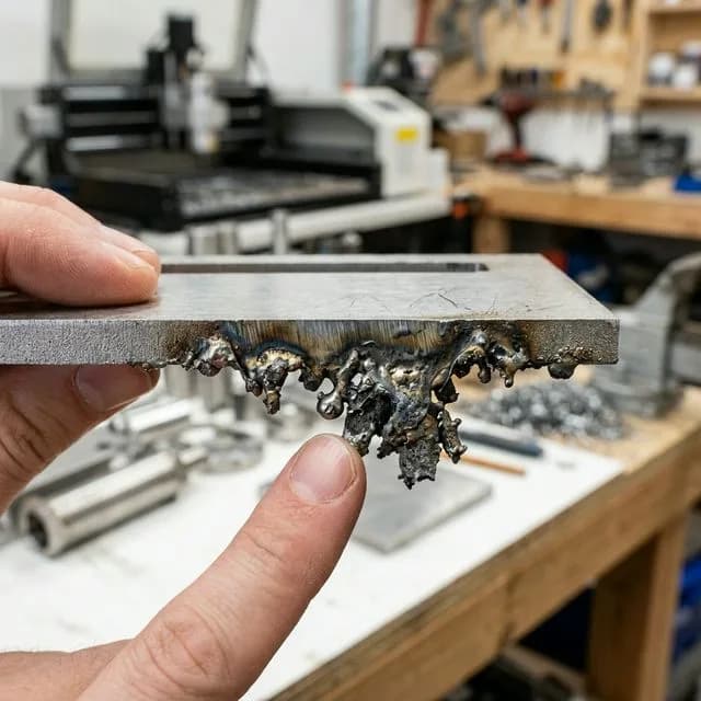 Close-up macro of excessive dross and burr on bottom edge of laser-cut stainless steel, showing hardened metallic droplets hanging from the kerf with clean top edge for contrast