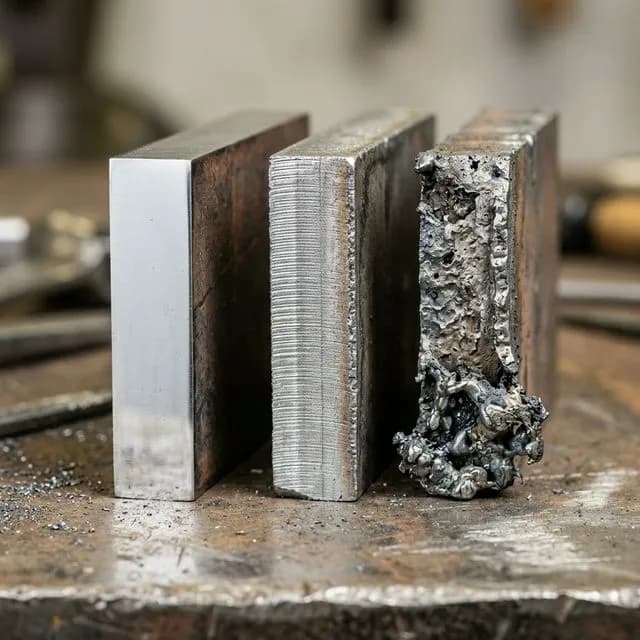 Close-up macro photography of three different metal edge cuts showing different defect types