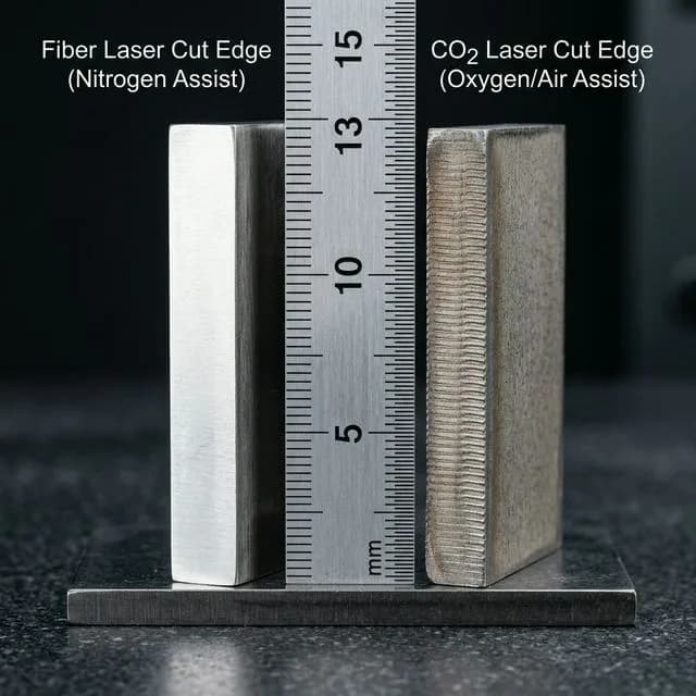 Side by side macro comparison of fiber laser cut edge (bright, smooth, oxide-free with nitrogen assist) versus CO2 laser cut edge (visible striations) on stainless steel samples with millimeter scale ruler