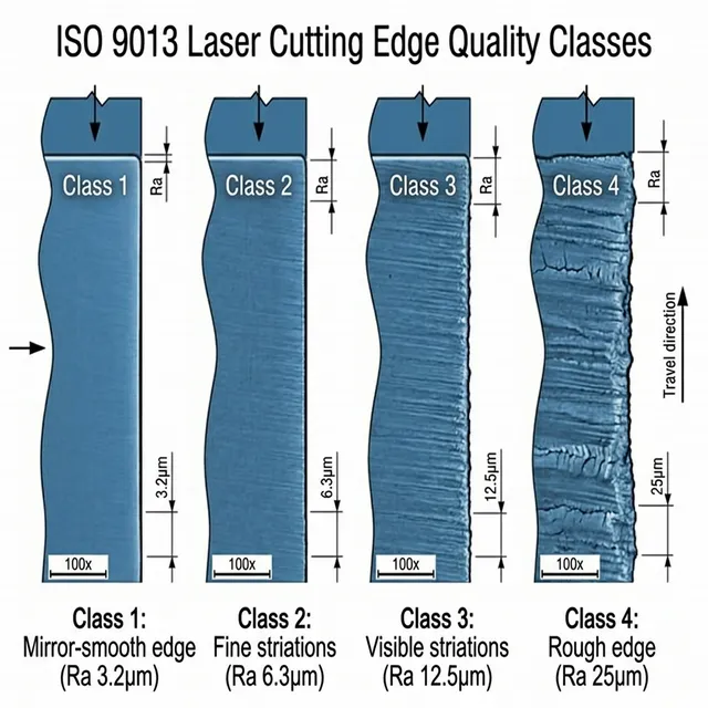 ISO 9013 laser cutting edge quality cross-sections: Class 1 mirror-smooth (Ra 3.2μm) through Class 4 rough edge (Ra 25μm) at 100x magnification