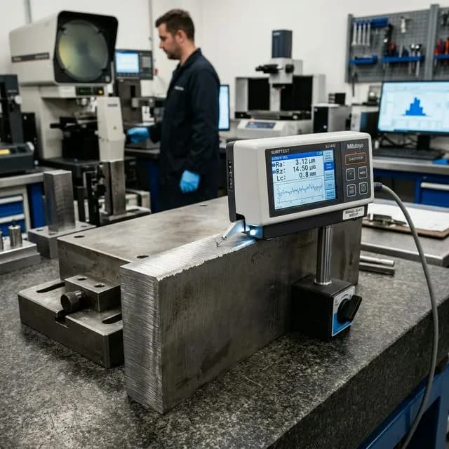 A highly precise digital profilometer or surface roughness tester scanning the neatly cut edge of a thick steel plate