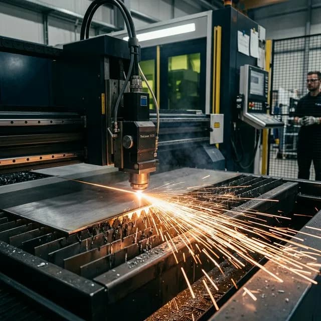 High-power fiber laser cutting through stainless steel sheet metal with brilliant orange sparks flying from the cutting point in a modern CNC manufacturing facility