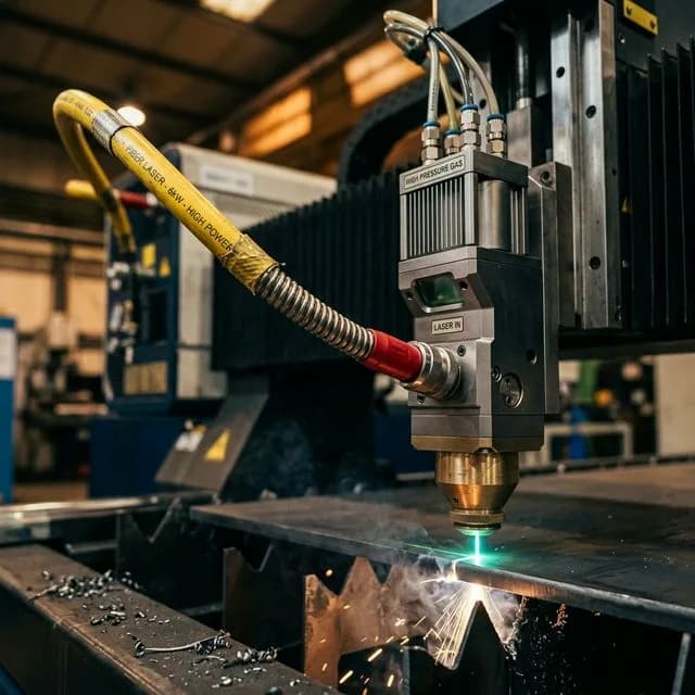 Armored fiber optic cable delivering laser beam to CNC cutting head with nozzle and protective lens assembly in industrial manufacturing environment