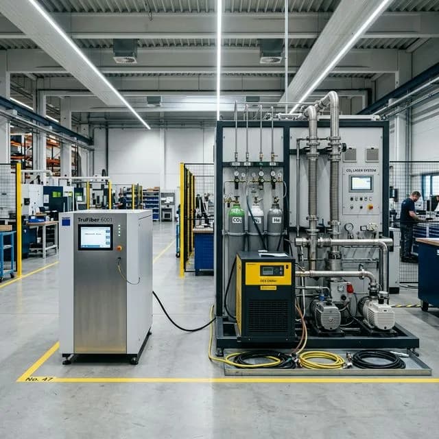 Size comparison between compact fiber laser source unit and larger CO2 laser resonator system with gas supply and external chiller on factory floor