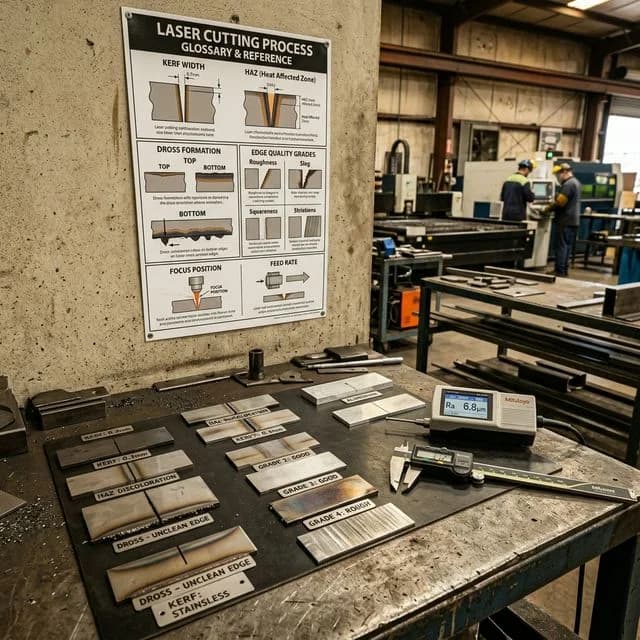 Laser cutting quality reference samples on a workshop bench showing kerf width, HAZ discoloration, dross formation, and edge quality grades from Range 1 to Range 4, with calipers and surface roughness tester alongside