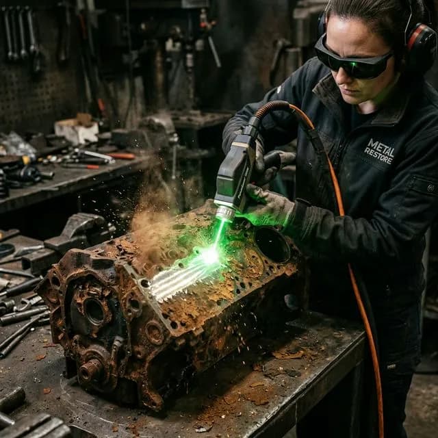 An operator using a handheld industrial laser cleaning machine to instantly remove thick rust from a vintage cast iron engine block