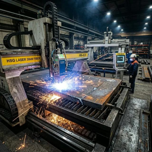 Massive 30kW fiber laser cutting machine piercing thick carbon steel plate with intense sparks