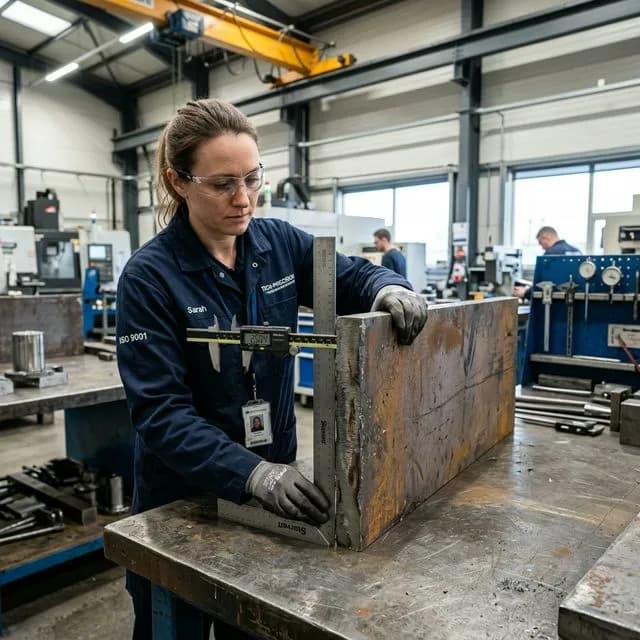 Technician measuring perpendicularity of a thermal cut steel plate using a precision square and digital caliper