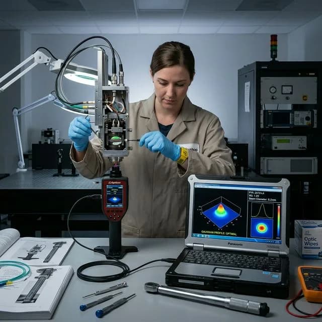 Laser service technician performing beam alignment calibration on fiber laser cutting head with beam profiler showing Gaussian intensity distribution on laptop, focus lens assembly visible