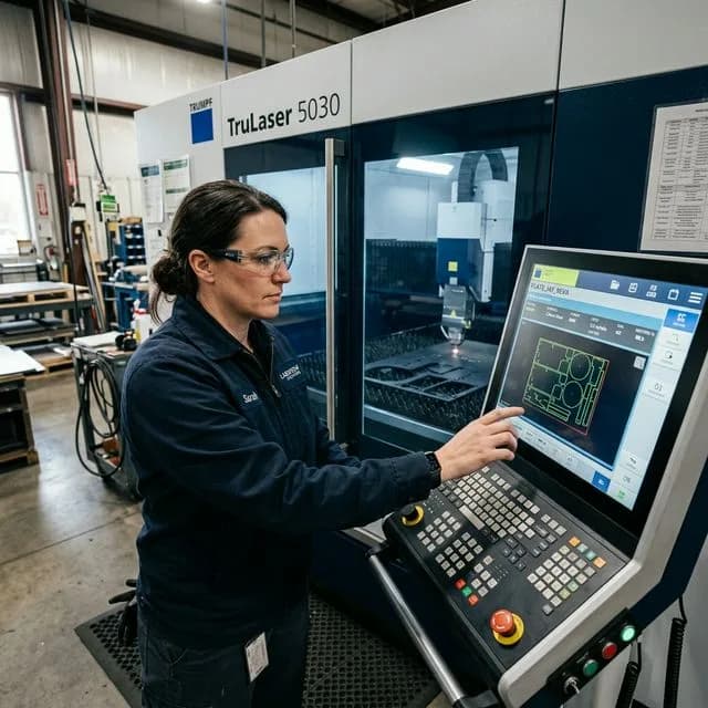 CNC operator working at touchscreen control panel of modern fiber laser cutting system, checking cutting path simulation and machine parameters before starting cut job