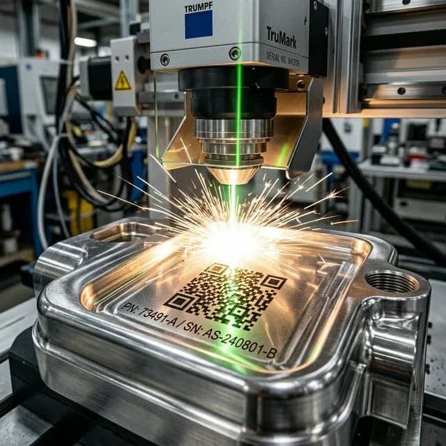 High-speed precision laser marking machine permanently engraving a QR code onto an aerospace part
