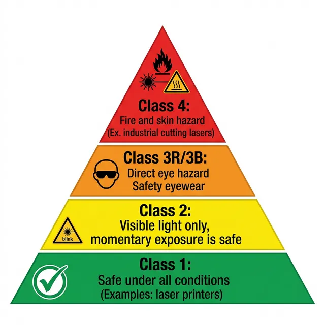 Laser safety classification pyramid: Class 1 (safe) through Class 4 (fire and skin hazard for industrial cutting lasers) per IEC 60825-1