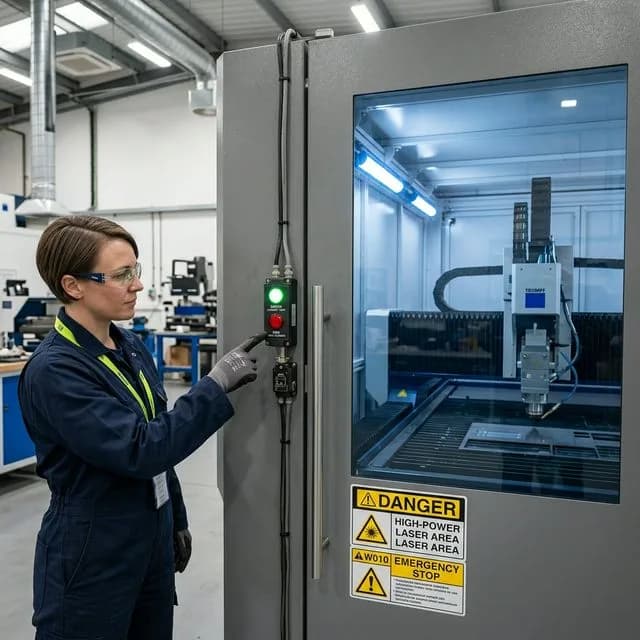Technician demonstrating safety interlock system on laser cutting machine door with electromagnetic interlock mechanism, green and red indicator lights, safety signage, and enclosed cutting chamber visible through safety glass