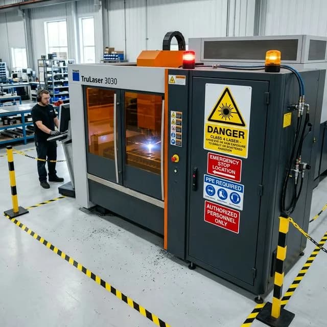 Industrial laser cutting machine with Class 4 laser warning sign, emergency stop location, PPE required, and authorized personnel only signage, with safety demarcation lines on floor