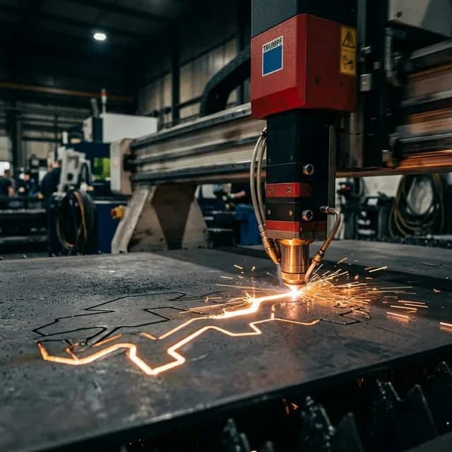 Fiber laser cutting head in motion cutting complex contour patterns through carbon steel plate with glowing orange cut line and sparks