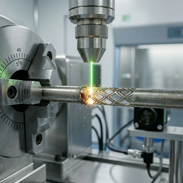 A high-precision micro laser cutting a tiny delicate medical stent from a nitinol tube in a sterile cleanroom environment