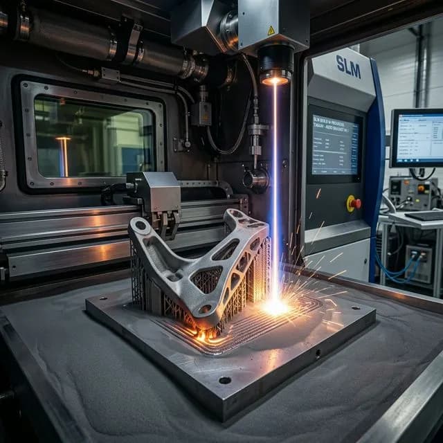 An advanced industrial metal 3D printer using Selective Laser Melting (SLM) to build a complex titanium aerospace bracket