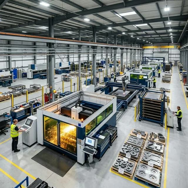 Modern metal fabrication factory floor with multiple fiber laser cutting machines in operation, automated loading systems, and finished cut parts on pallets