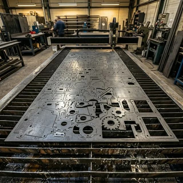 Bird's eye view of optimized nesting layout on laser-cut sheet metal plate showing tightly arranged geometric parts with minimal waste material