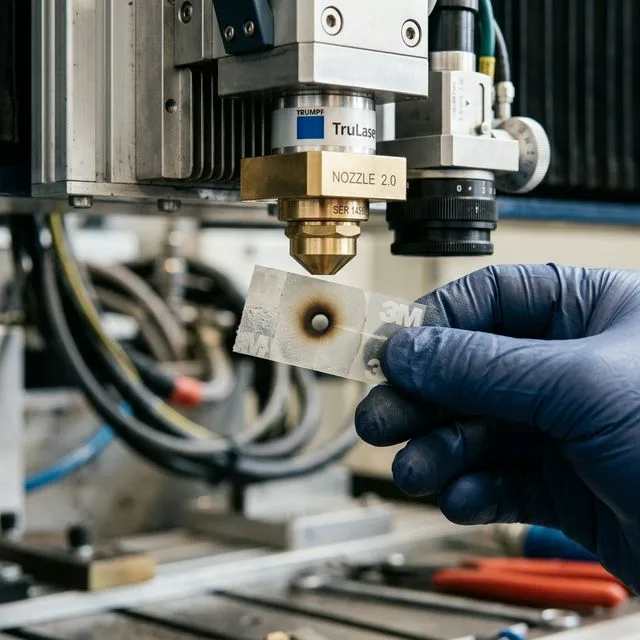 Nozzle centering test on laser cutting head showing adhesive tape burn mark pattern for beam position verification, with TruLaser cutting nozzle visible above