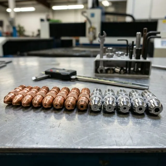 Close-up of various copper and chrome laser cutting nozzles arrayed neatly on a clean industrial workbench, showing different orifice sizes