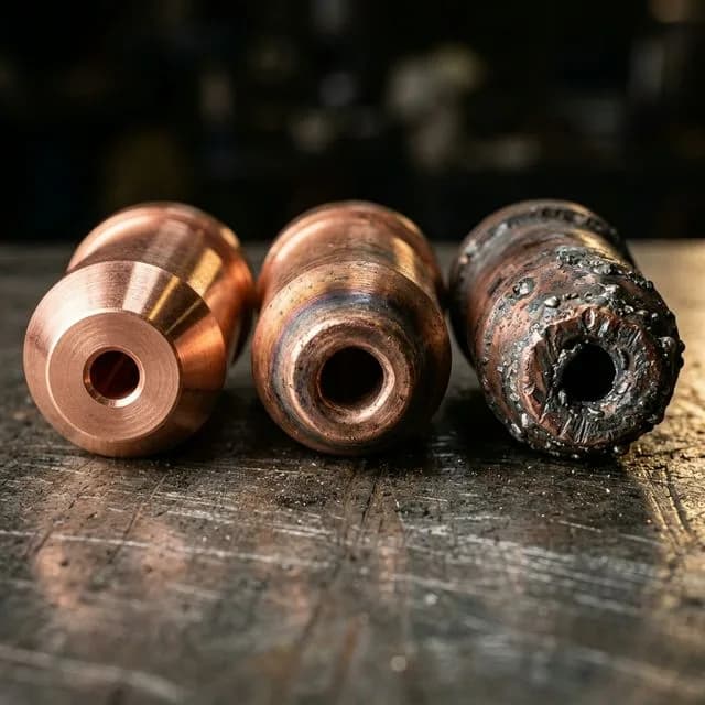 Three copper laser cutting nozzles showing progressive wear stages: new with perfect circular orifice, moderately worn with asymmetric opening and discoloration, severely worn with deformed orifice and spatter buildup