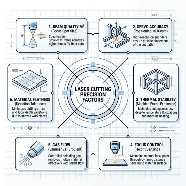6 laser cutting precision factors: beam quality M², servo accuracy ±0.03mm, thermal stability, focus control, gas flow, and material flatness