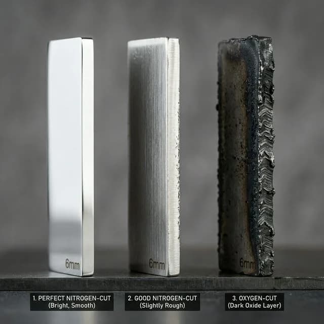 Three pieces of 6mm 304 stainless steel showing edge quality comparison: perfect mirror-finish nitrogen cut, good nitrogen cut with slight roughness, and oxygen cut with dark oxide layer