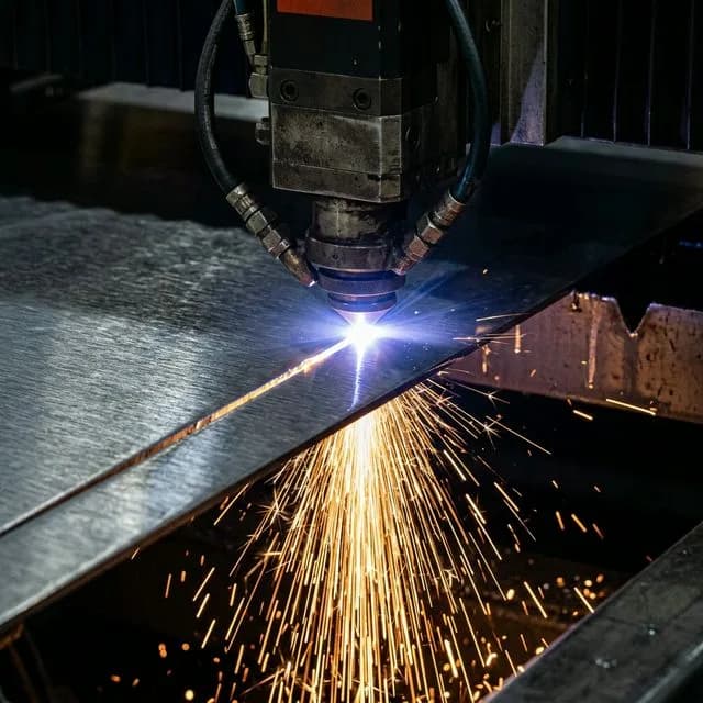 Fiber laser cutting through brushed 304 stainless steel sheet with bright orange sparks streaming downward, nitrogen gas nozzle visible above, blue-white laser interaction point