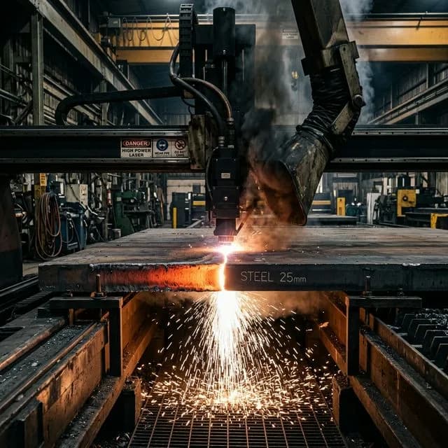 High-power laser cutting through 25mm thick steel plate with intense white-orange cutting point, molten metal ejection, and visible heat-affected zone