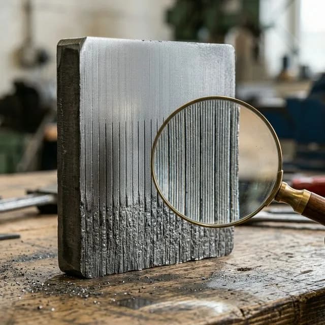 25mm thick mild steel laser-cut edge showing vertical striation marks under magnifying glass, with clean top edge becoming coarser toward the bottom