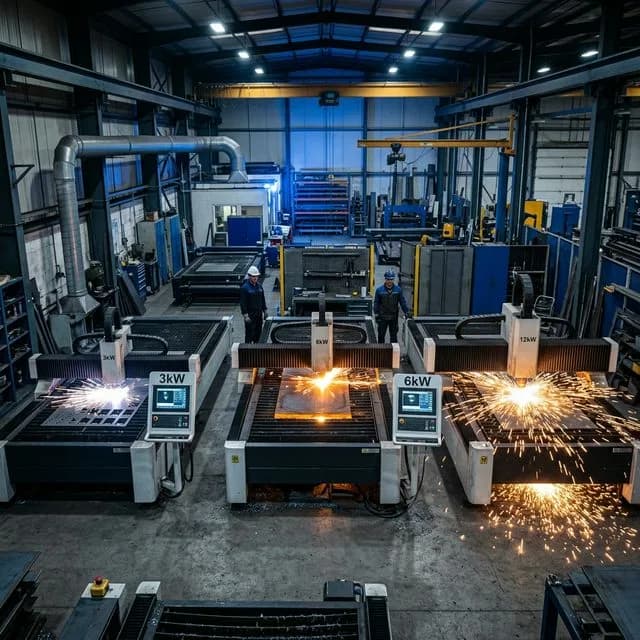 Three fiber laser cutting machines side by side in a modern factory: compact 3kW unit on left, mid-size 6kW enclosed system in center, and large-format 12kW system with pallet changer on right, each actively cutting steel with visible laser sparks