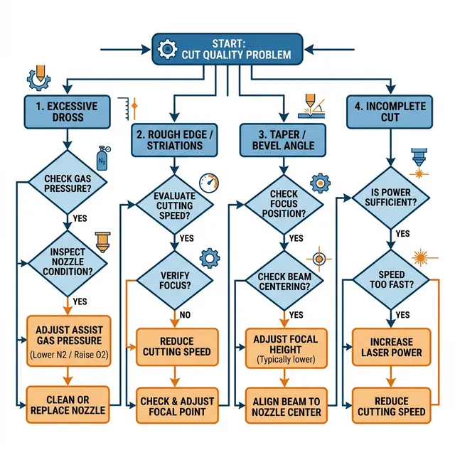 Laser cutting defect diagnostic flowchart: excessive dross, rough edges, taper angle, and incomplete cut with cause-and-fix decision branches