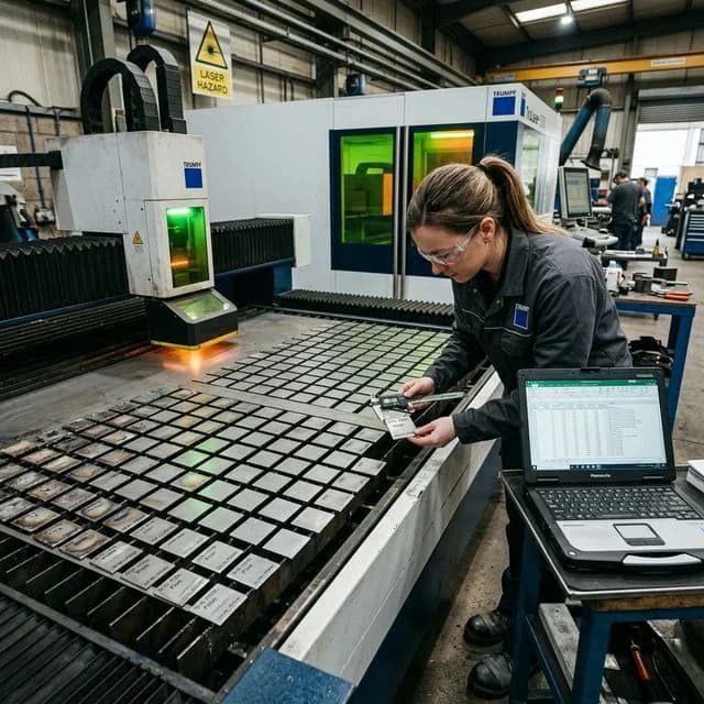Engineer at a fiber laser cutting machine performing parameter migration test cuts on stainless steel coupons, examining cut edge quality with calipers and comparing to a parameter spreadsheet